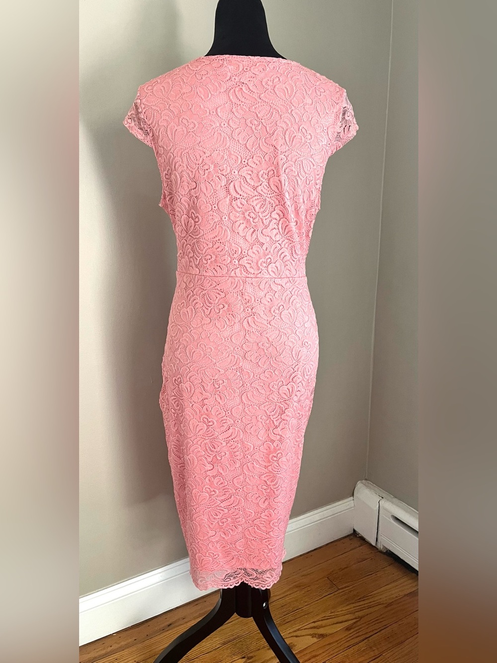 Floral Lace Midi in Coral Pink V-neck Wrap Top Dress sz XL - Picture 7 of 11